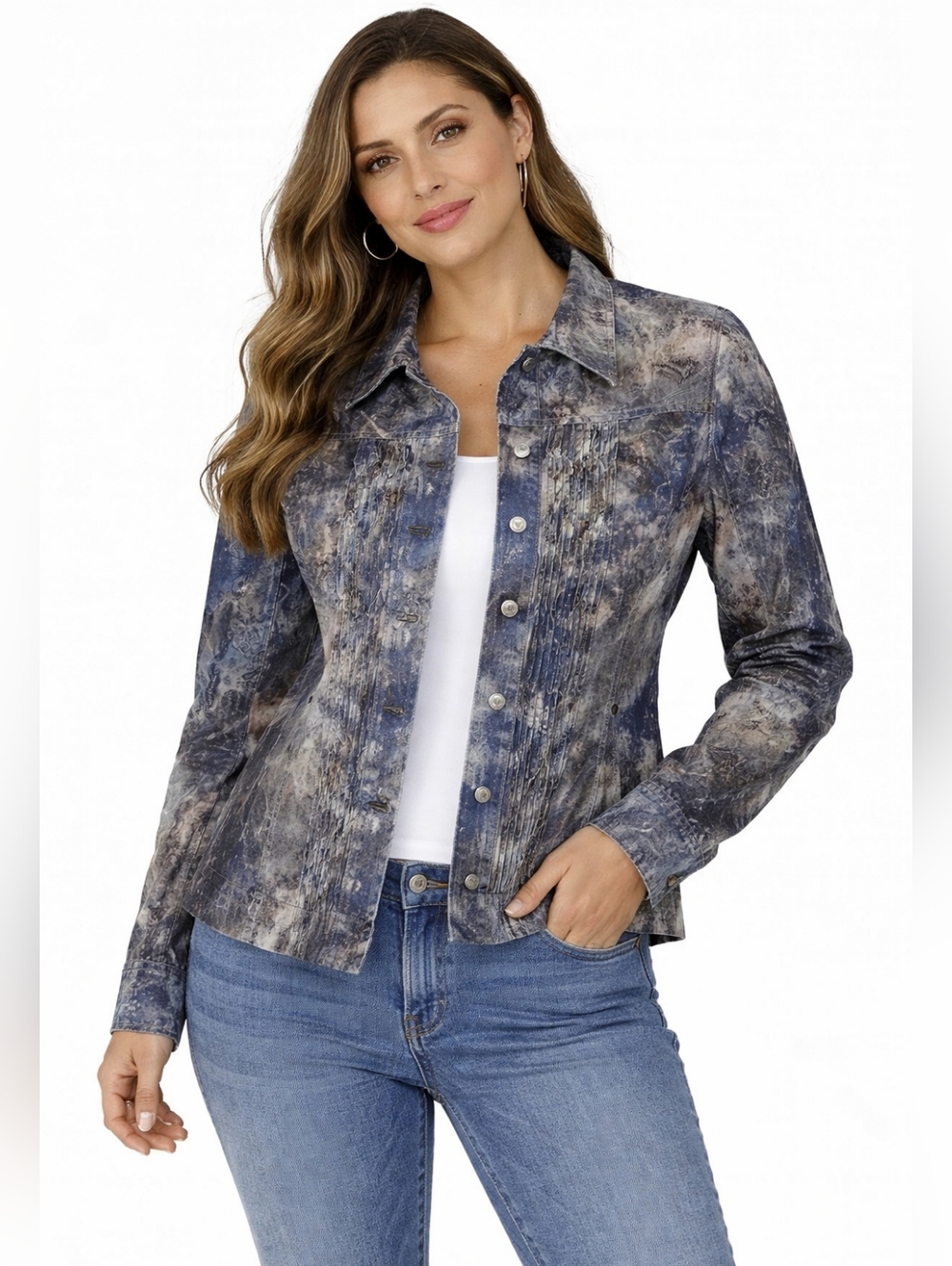 Coldwater Creek Floral Gray Purple Pleats Long Sleeve Denim Jacket, Women's 16